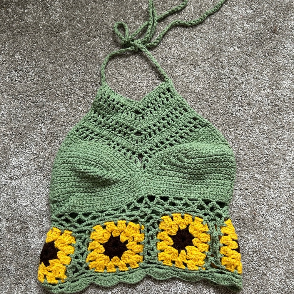 Green Crochet Halter Top with Sunflower Design and open back. Never worn